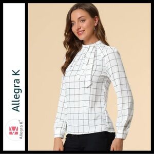 NWT Allegra K Bow Tie Neck Grid Pattern Blouse